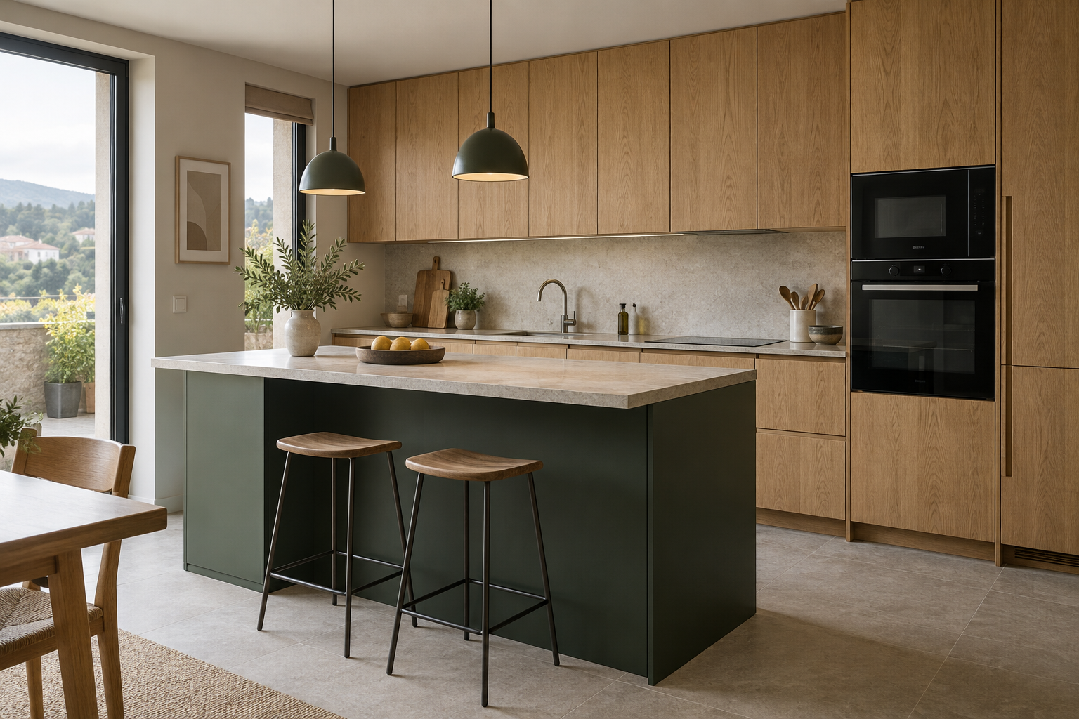 Visualización conceptual de una cocina contemporánea con mobiliario de roble, isla verde y encimera de piedra clara